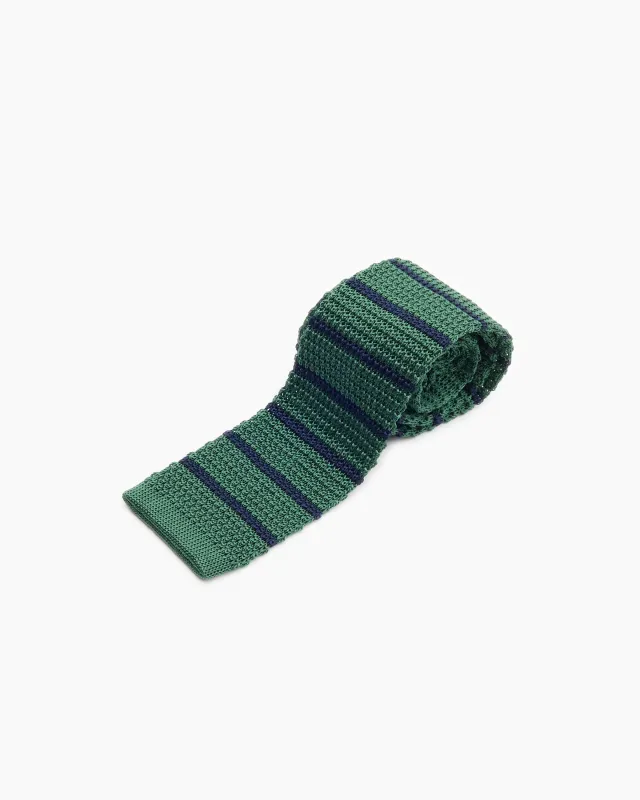 Silk Knitted Tie - Green & Navy Stripe made by John Simons