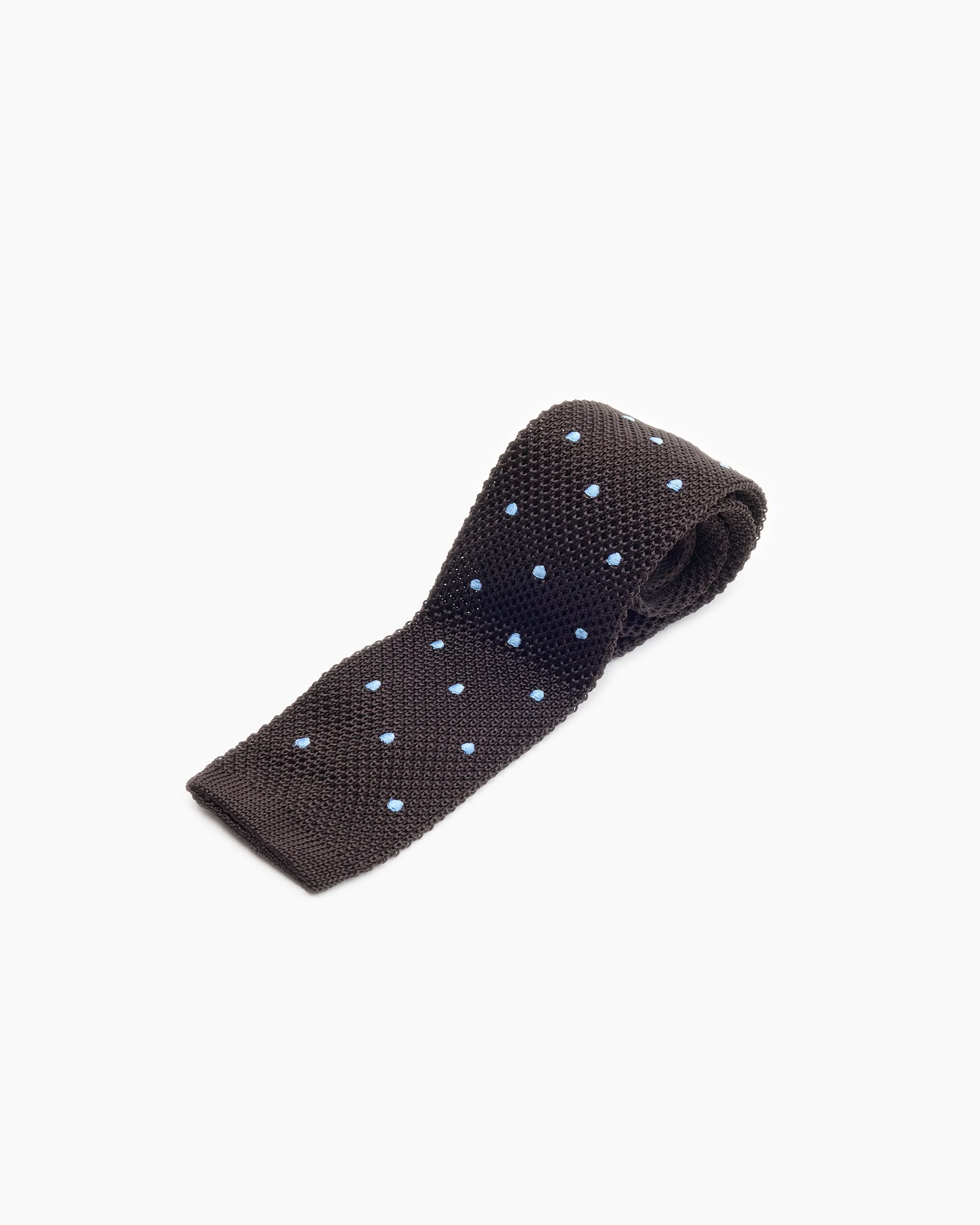 Silk Knitted Tie - Brown & Blue Polka Dot sold by John Simons