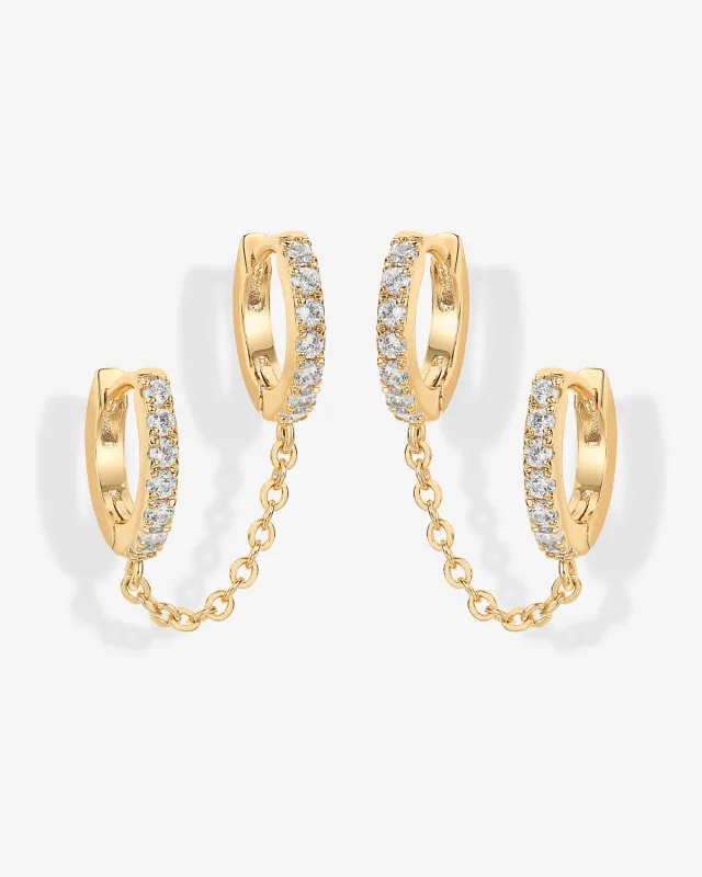 Double Hoop CZ Chained Huggie Hoop sold by PAVOI