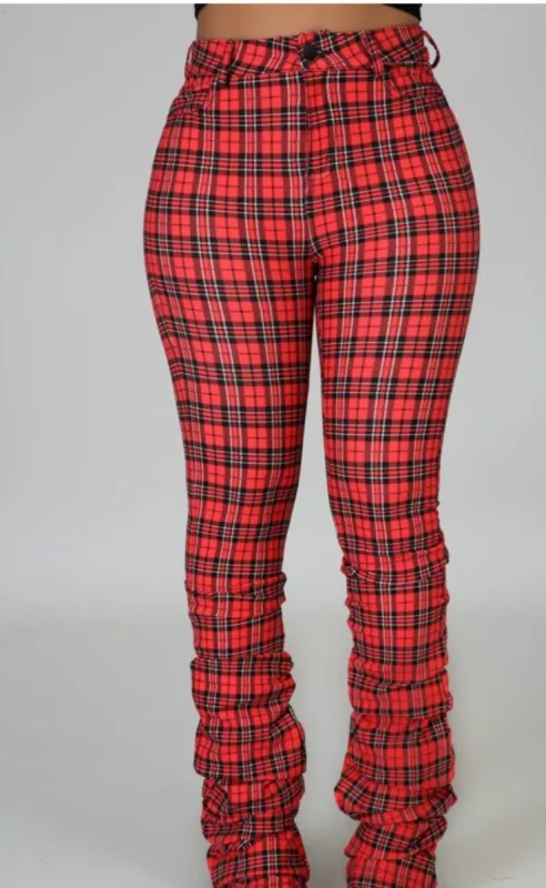 Red N Black plaid stacked pants sold by The Modish Box