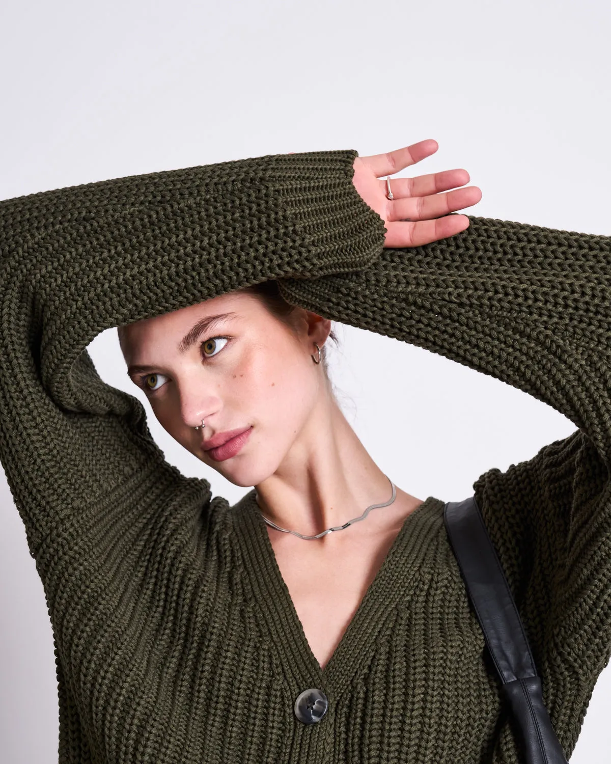 CHUNKY CARDIGAN LENA DARK OLIVE GOTS sold by JAN 'N JUNE product image thumbnail 2