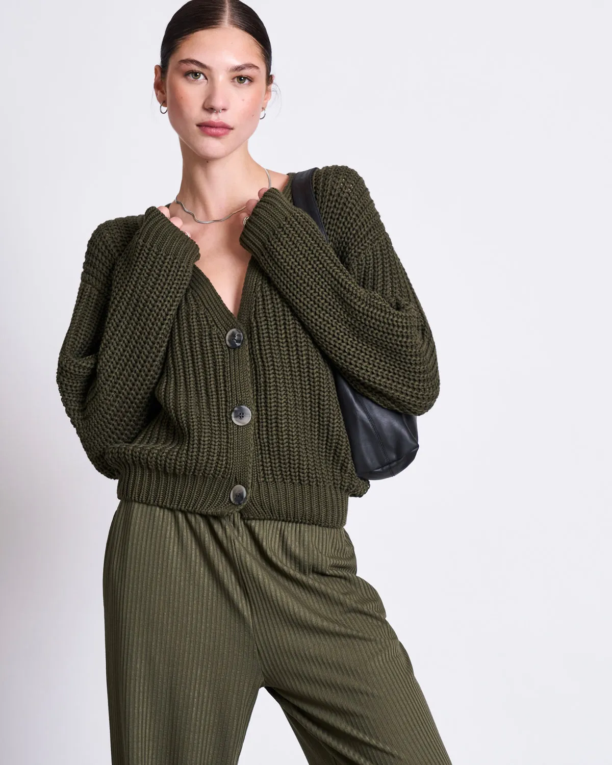 CHUNKY CARDIGAN LENA DARK OLIVE GOTS sold by JAN 'N JUNE