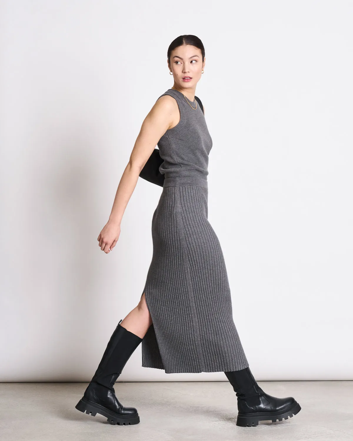 MIDI KNIT SKIRT EBBA DARK GREY GOTS sold by JAN 'N JUNE