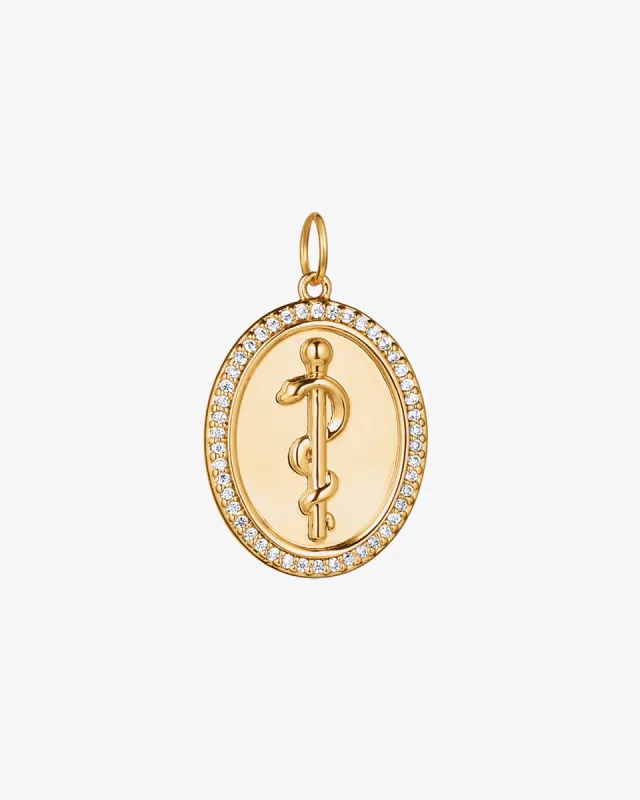 Pavé Rod of Asclepius Medallion Charm sold by V Coterie