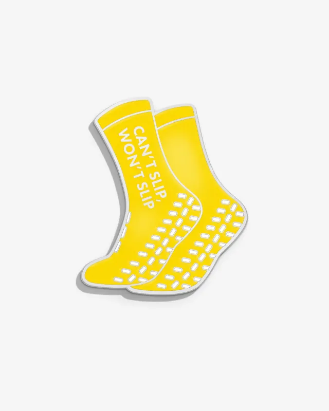 Can’t Slip, Won’t Slip Yellow Grippy Socks Lapel Pin sold by V Coterie