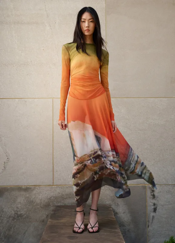 Printed Mesh Handkerchief Hem Midi Dress sold by Monse