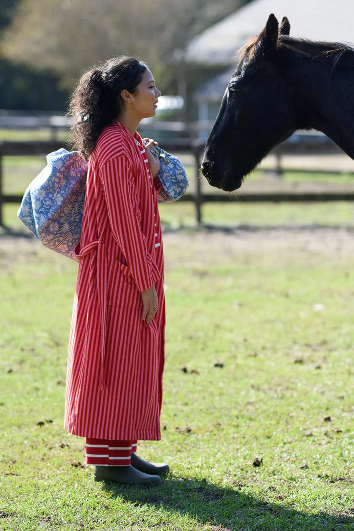 Plush Bathrobe in Pink and Red Stripe sold by Darling Loungewear