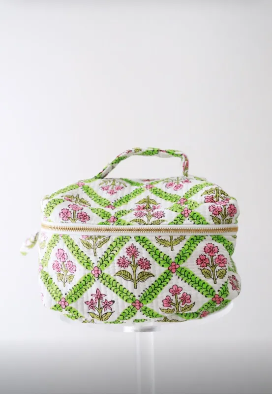 Quilted Cosmetic Train Case - Pink and Green Lattice sold by Darling Loungewear