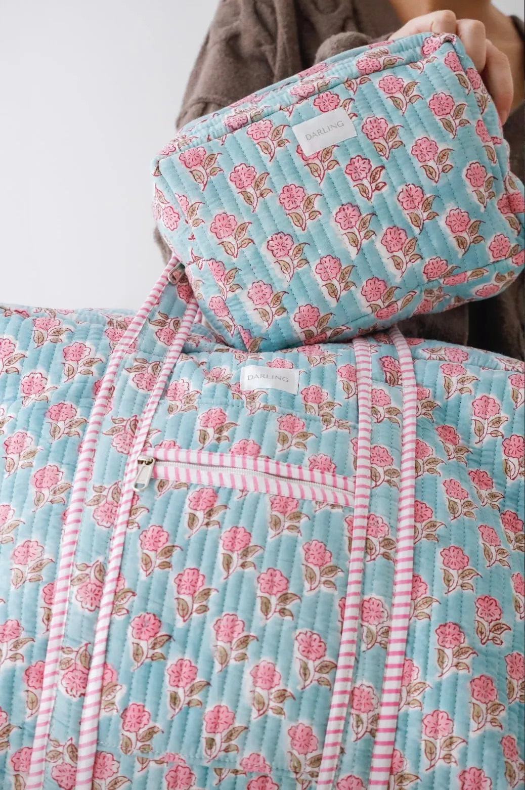 Quilted Cosmetic Bag - Pink and Blue Peony sold by Darling Loungewear product image thumbnail 2