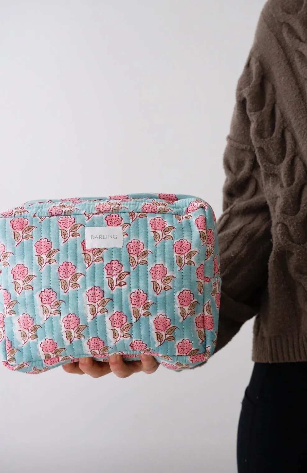 Quilted Cosmetic Bag - Pink and Blue Peony sold by Darling Loungewear