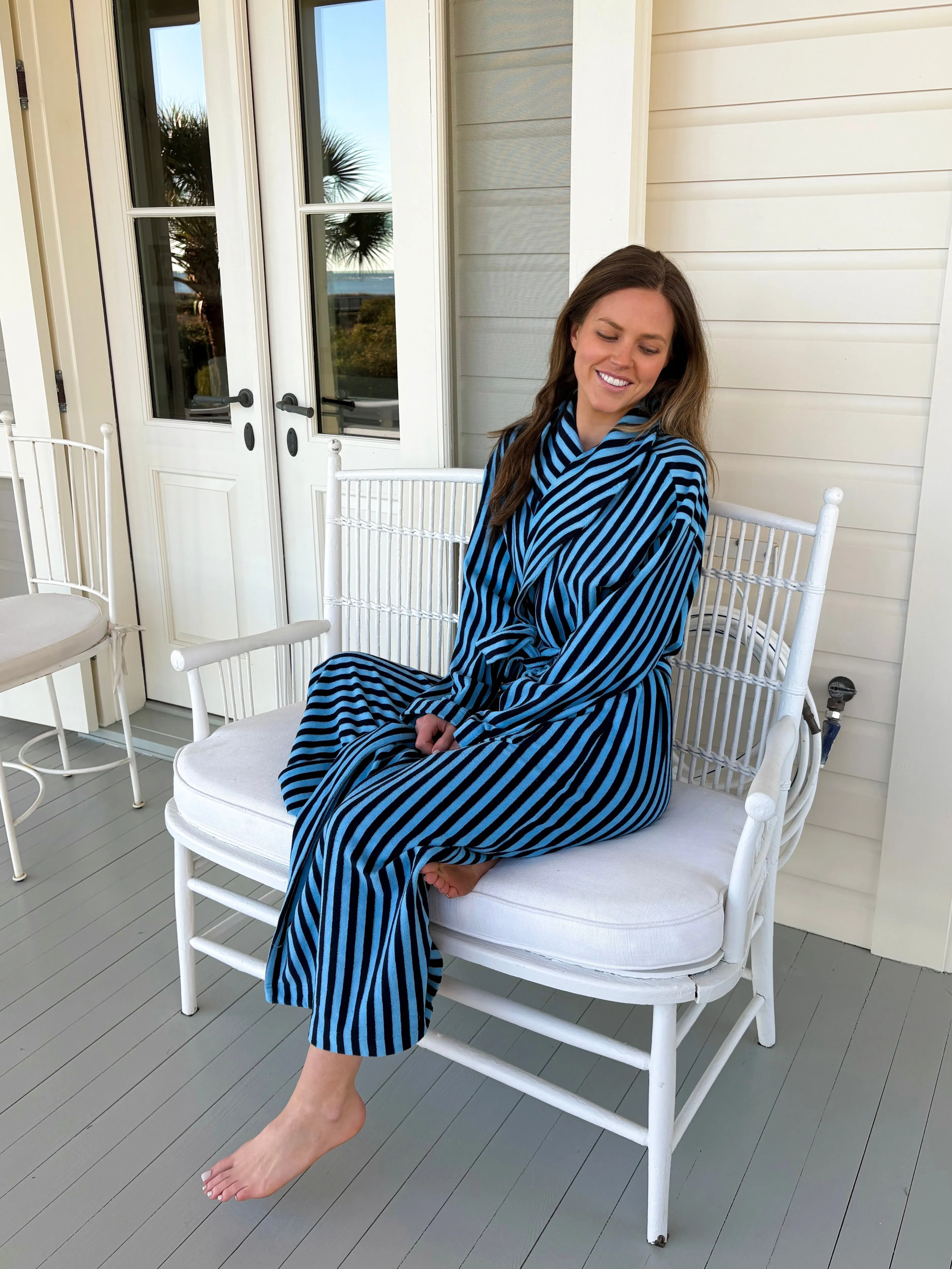 Plush Bathrobe in Blue Stripe sold by Darling Loungewear