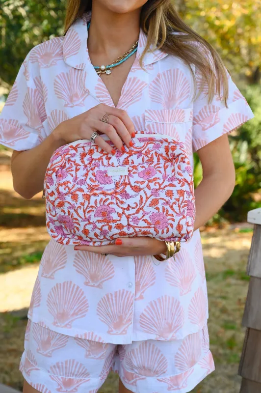 Quilted Cosmetic Pouch - Coral Floral sold by Darling Loungewear