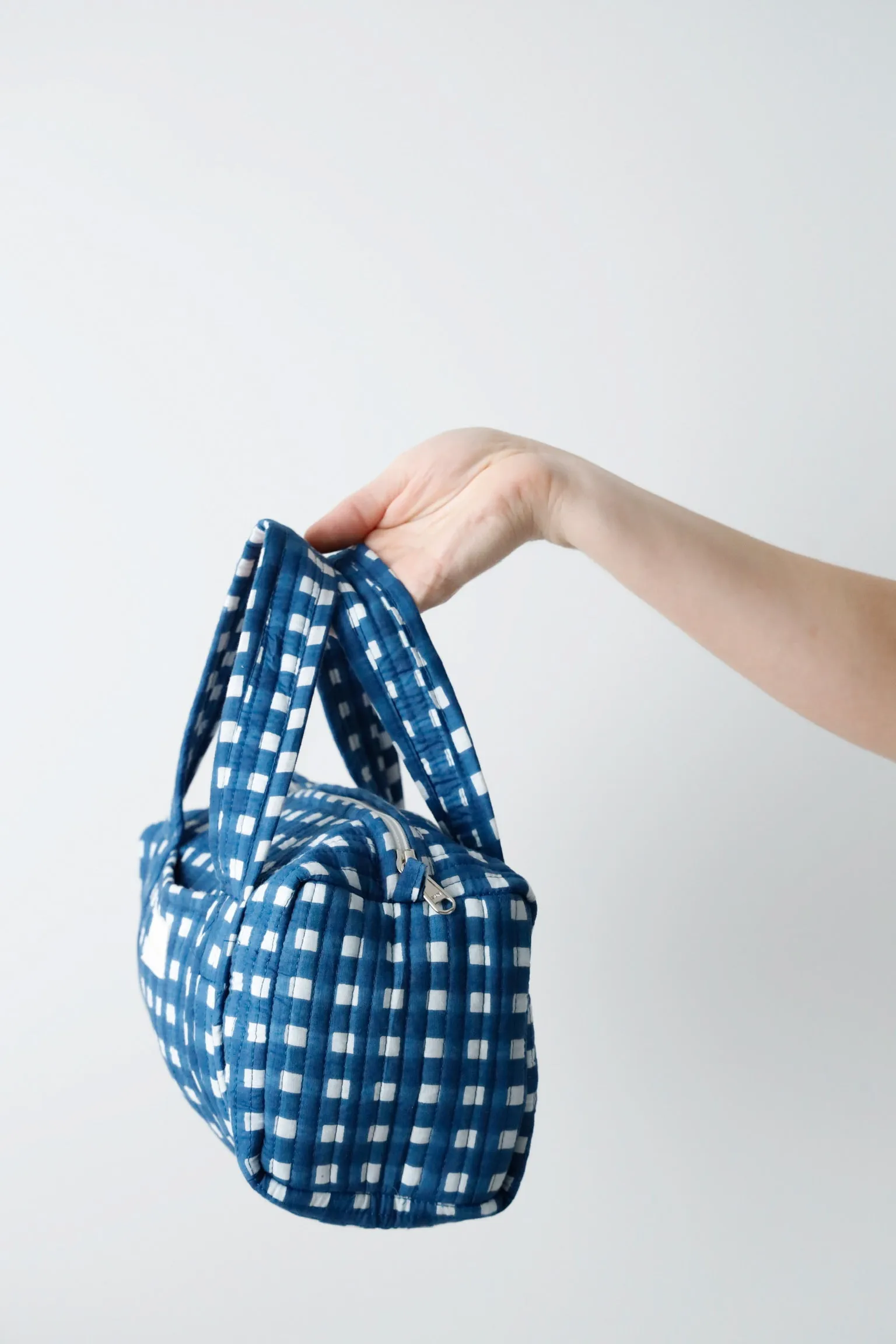 Quilted Handled Cosmetic Bag - Navy Blue Check sold by Darling Loungewear product image thumbnail 3