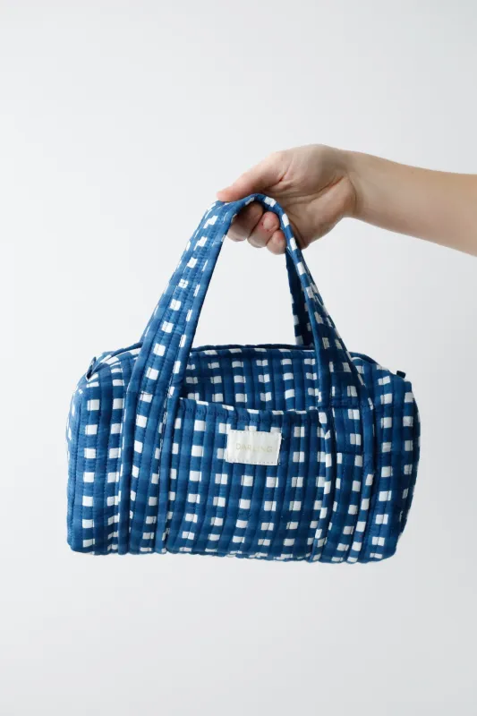 Quilted Handled Cosmetic Bag - Navy Blue Check sold by Darling Loungewear