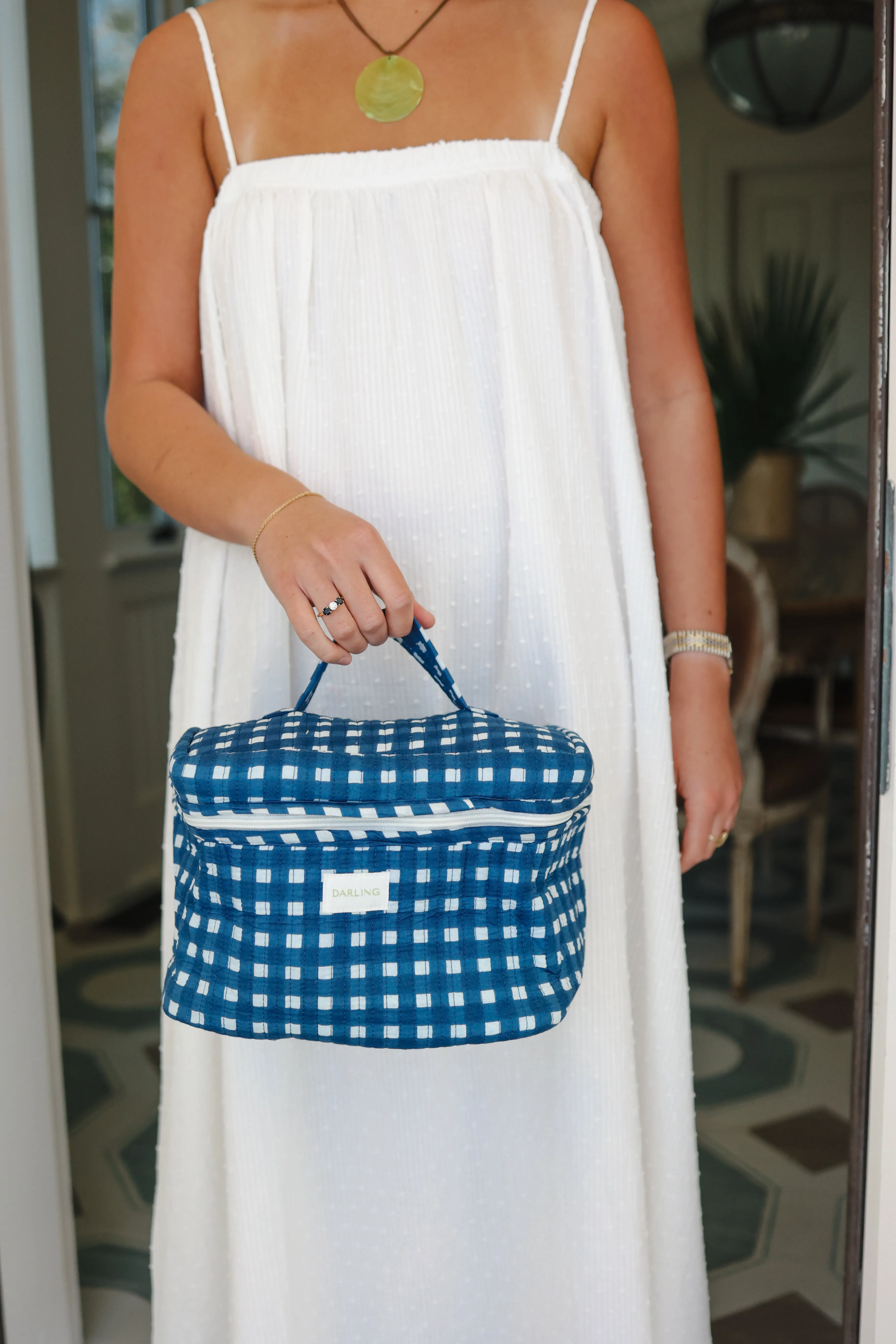 Quilted Cosmetic Train Case - Navy Blue Check sold by Darling Loungewear