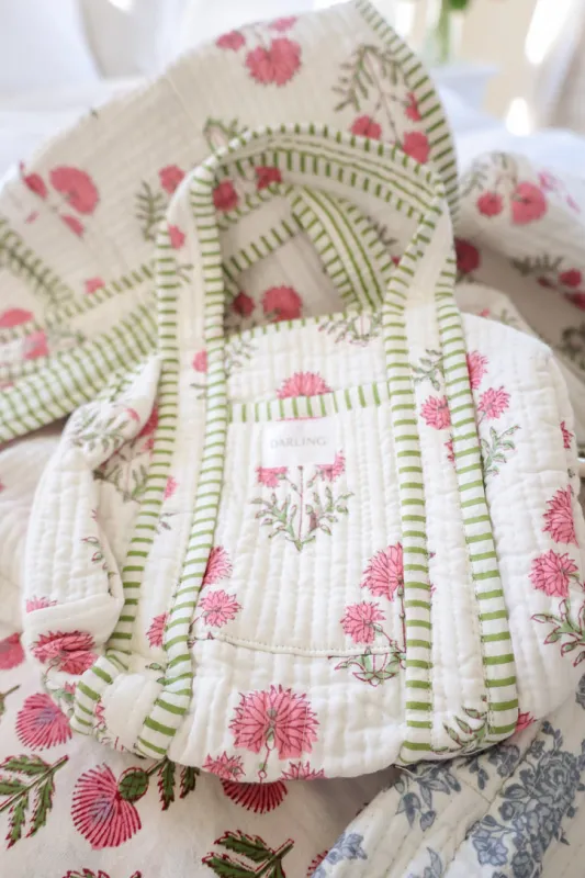 Quilted Handled Cosmetic Bag- Pink Daisy sold by Darling Loungewear