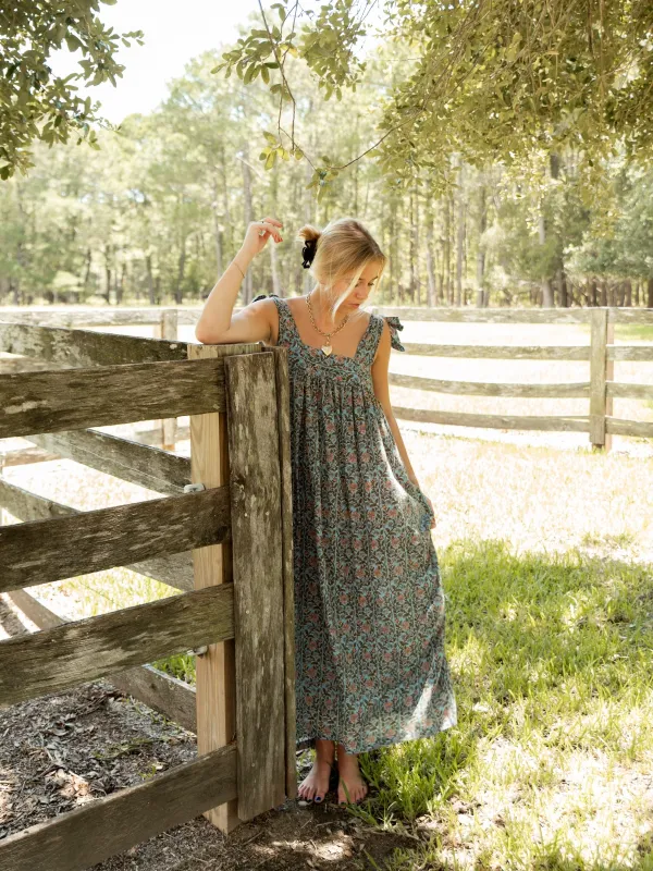 The Tie Maxi Dress - Blue Woodland Bouquet sold by Darling Loungewear