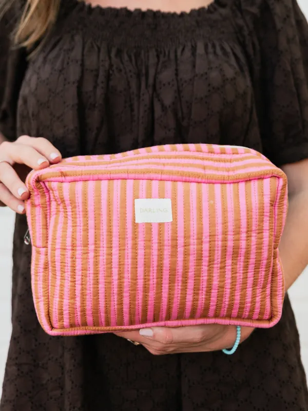 Quilted Cosmetic Pouch - Pink Paloma Stripe sold by Darling Loungewear