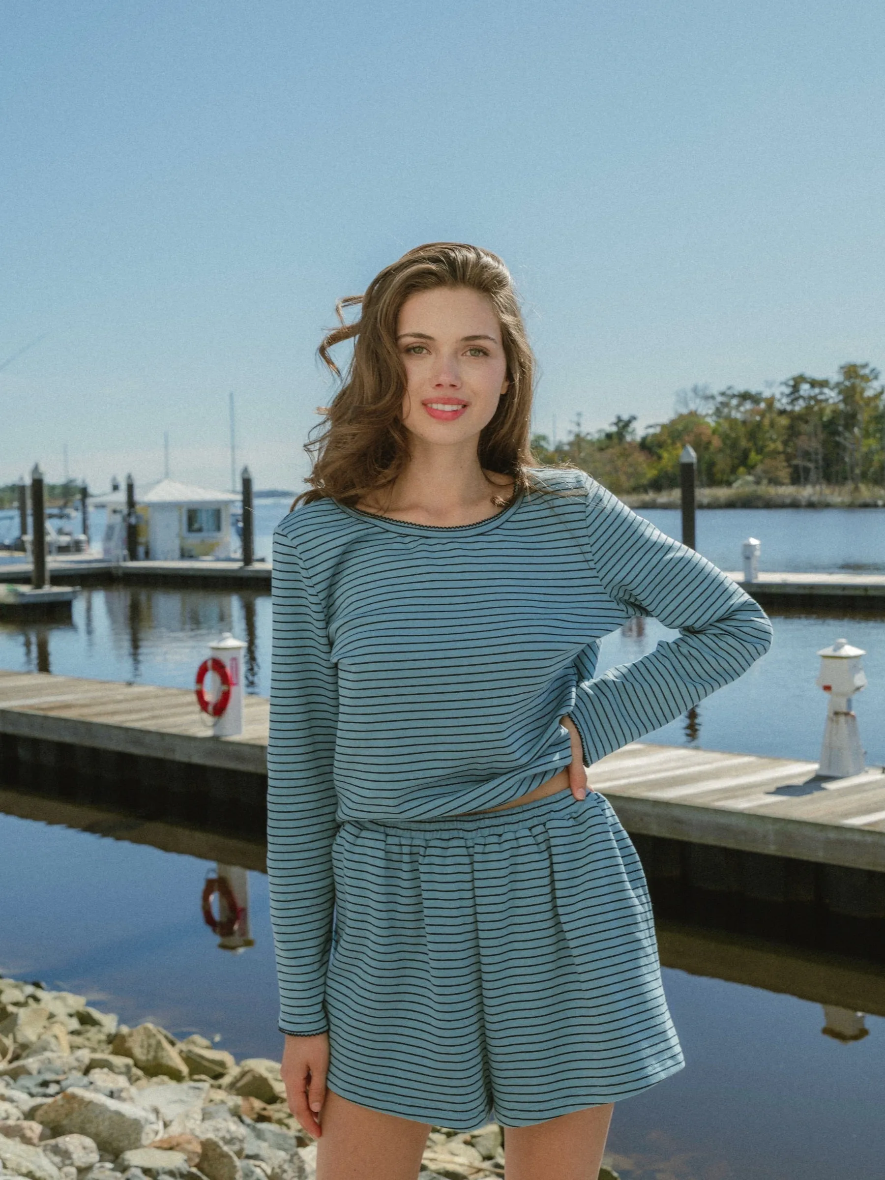 Blueberry Stripe Long Short Pima Set sold by Darling Loungewear