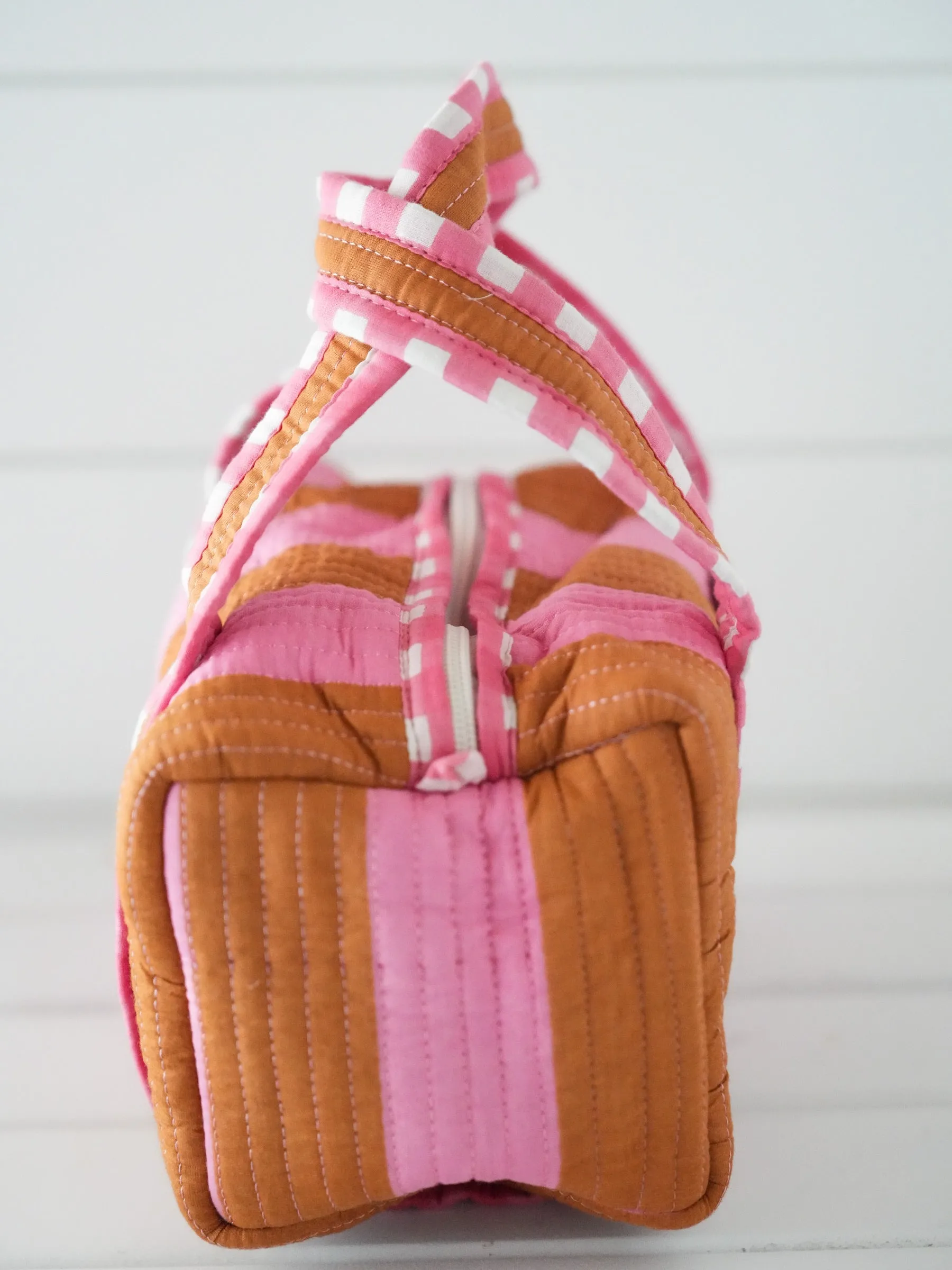 Quilted Handled Cosmetic Bag - Pink Saddle Stripe sold by Darling Loungewear product image thumbnail 3