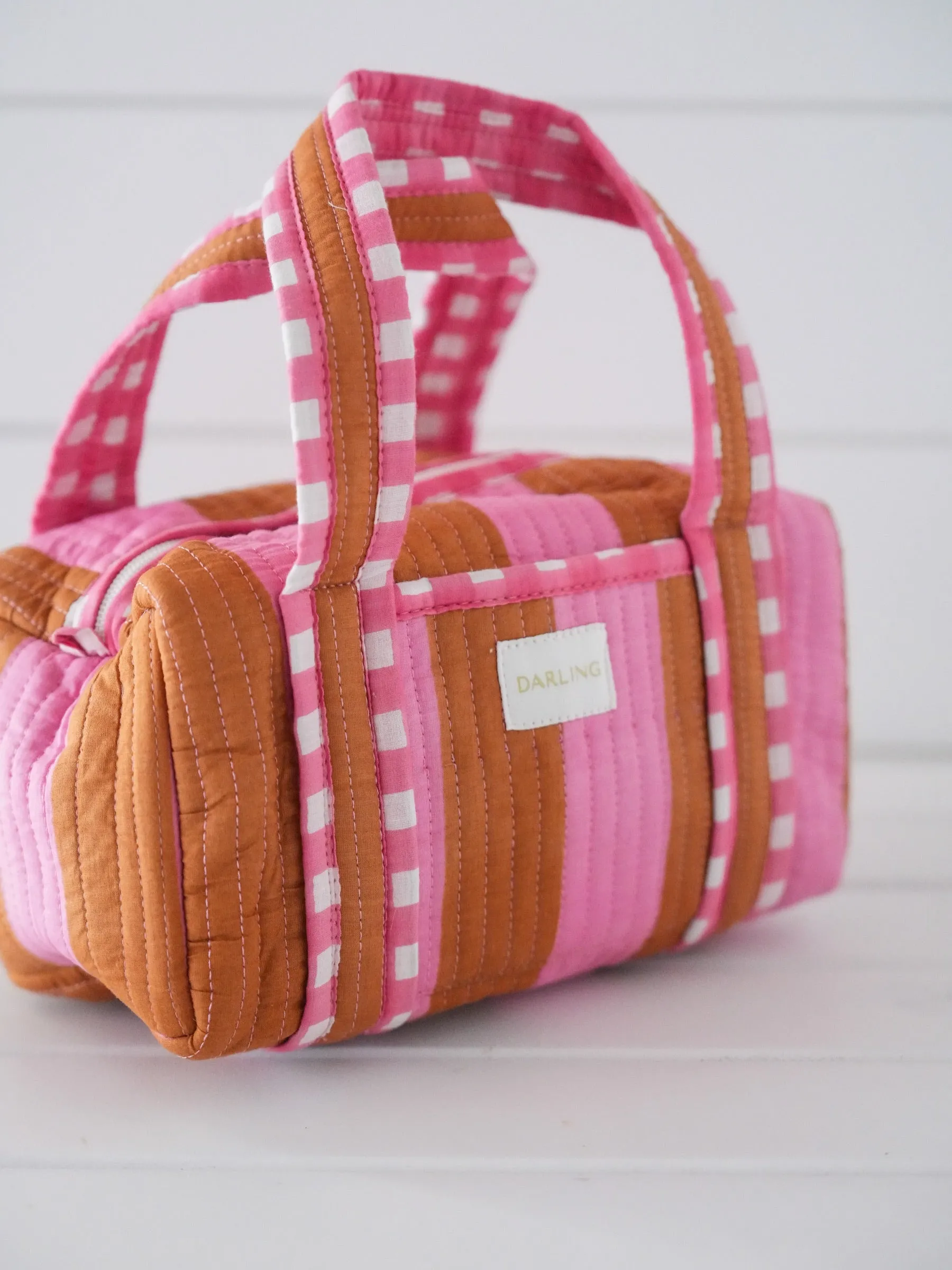 Quilted Handled Cosmetic Bag - Pink Saddle Stripe sold by Darling Loungewear product image thumbnail 2