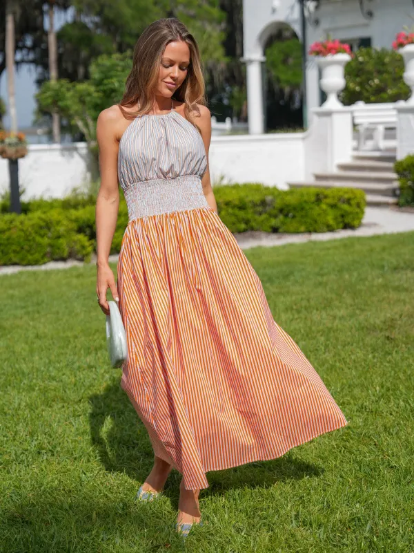 The Lili Halter Dress - Tangerine Tide Stripe made by Darling