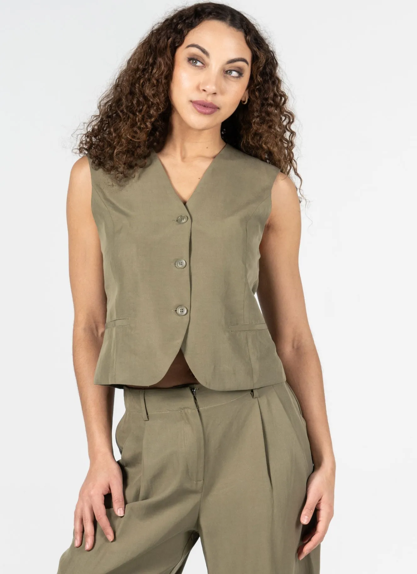 Linen/ Tencel Button Down Vest sold by C’est Moi