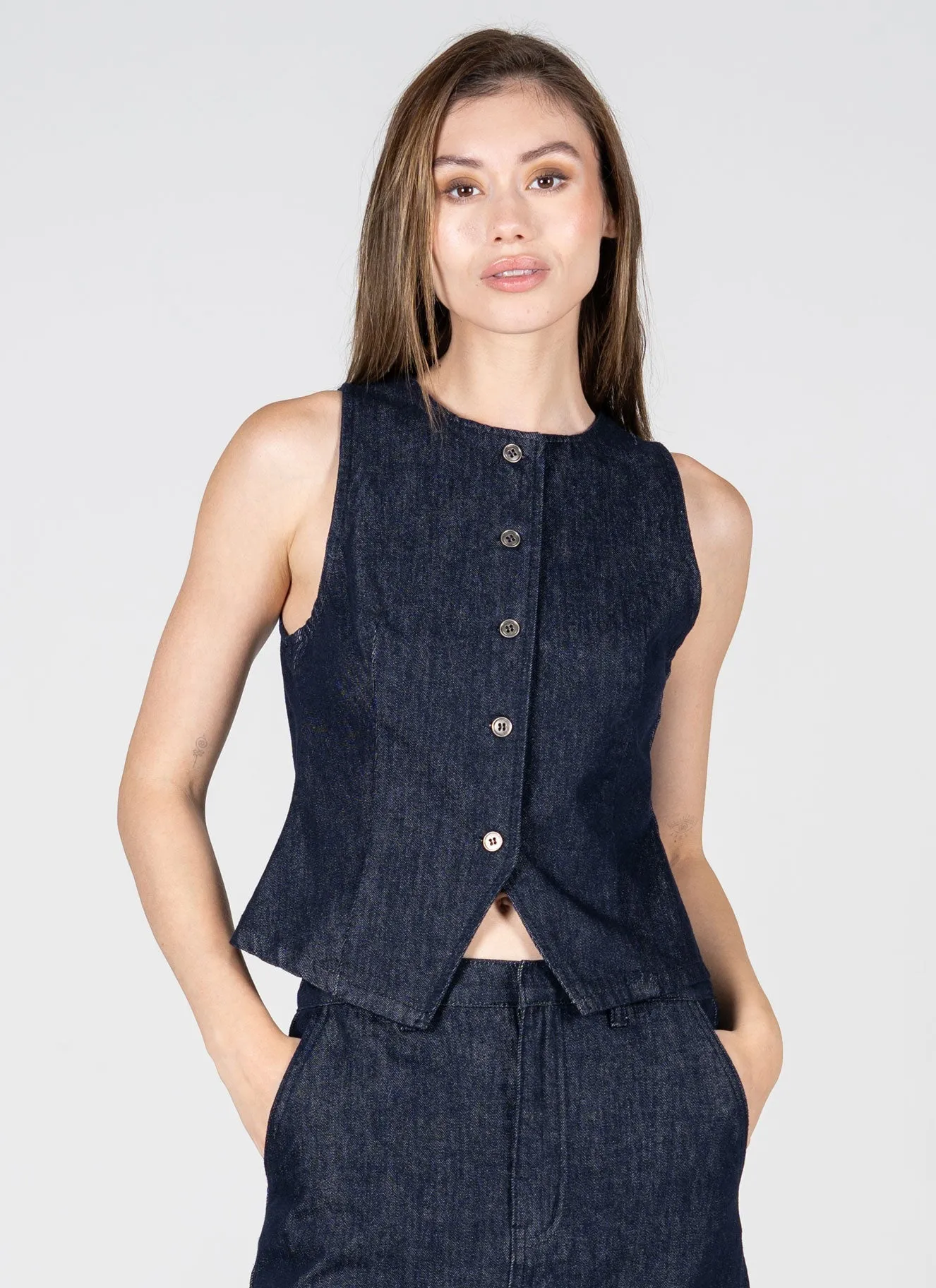 S/Less Denim Vest sold by C’est Moi