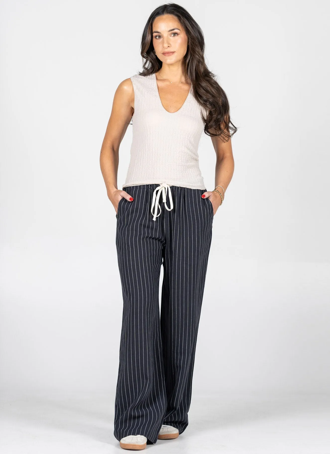 Ramie Tencel Stripe Wide Leg Pants sold by C’est Moi