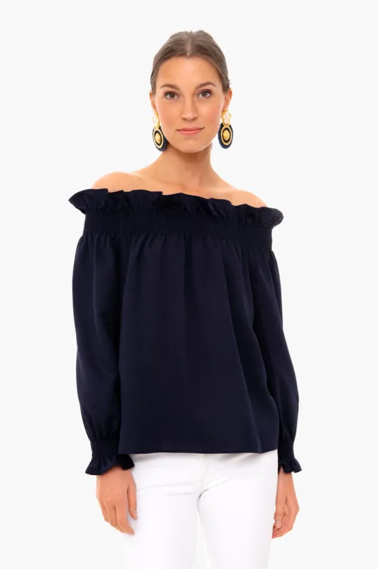 Navy Off the Shoulder Marguerite Blouse sold by Tuckernuck