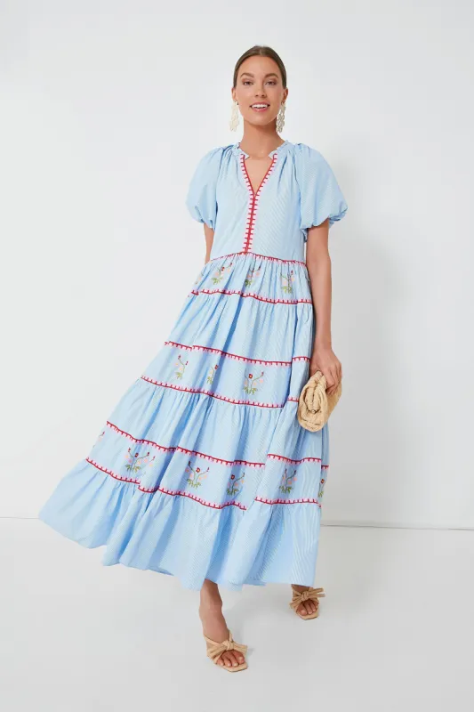 Blue Pinstripe Embroidered V-Neck Lillian Maxi Dress sold by Tuckernuck