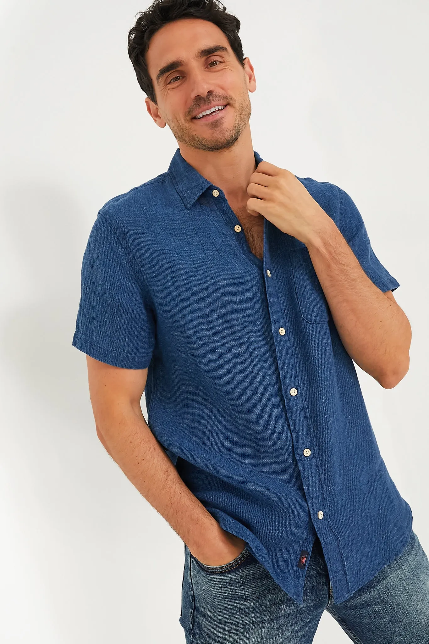 Indigo Basketweave Short Sleeve Palma Linen Shirt sold by Tuckernuck
