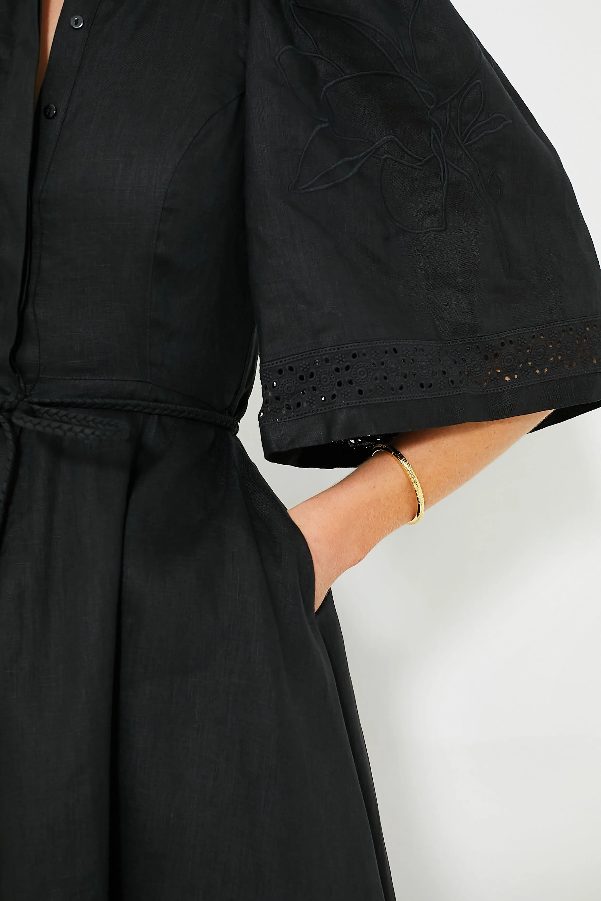Black Fleur Linen Embroidered Midi Shirt Dress sold by Tuckernuck product image thumbnail 5