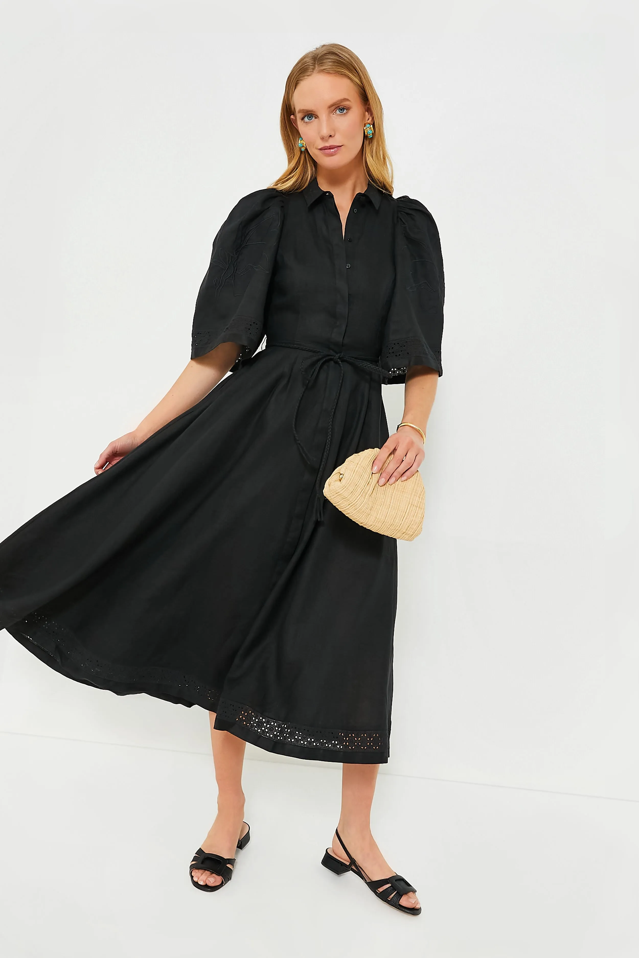 Black Fleur Linen Embroidered Midi Shirt Dress sold by Tuckernuck product image thumbnail 2