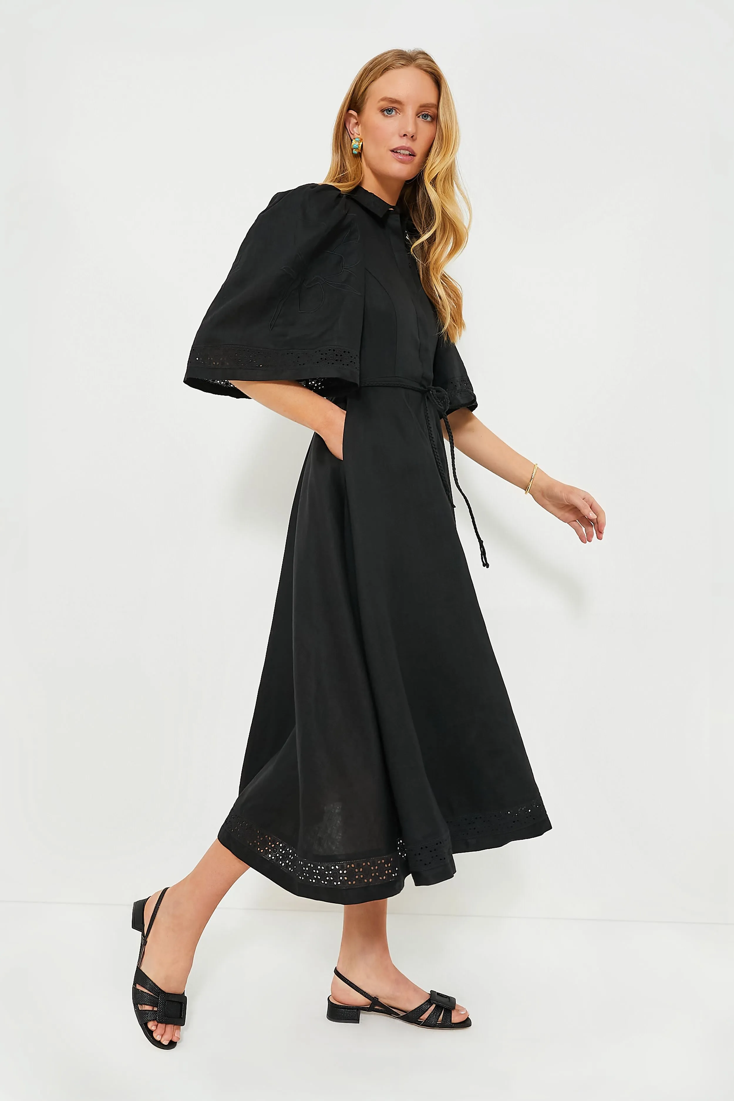 Black Fleur Linen Embroidered Midi Shirt Dress sold by Tuckernuck product image thumbnail 3