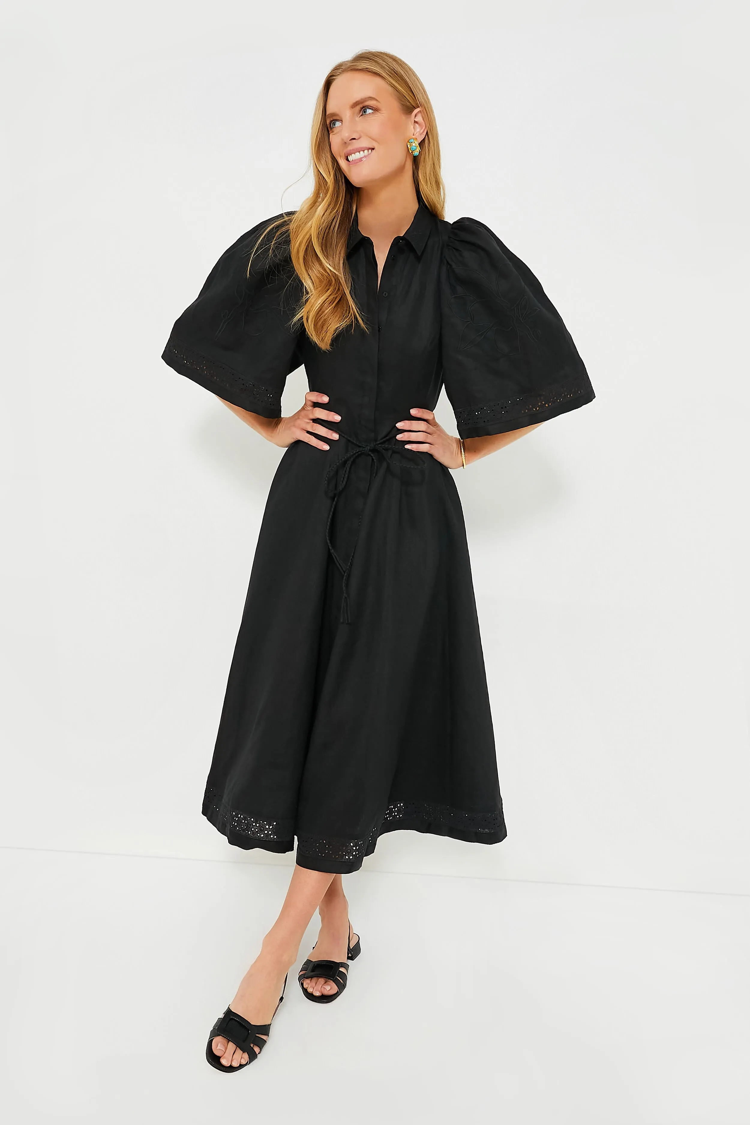 Black Fleur Linen Embroidered Midi Shirt Dress sold by Tuckernuck