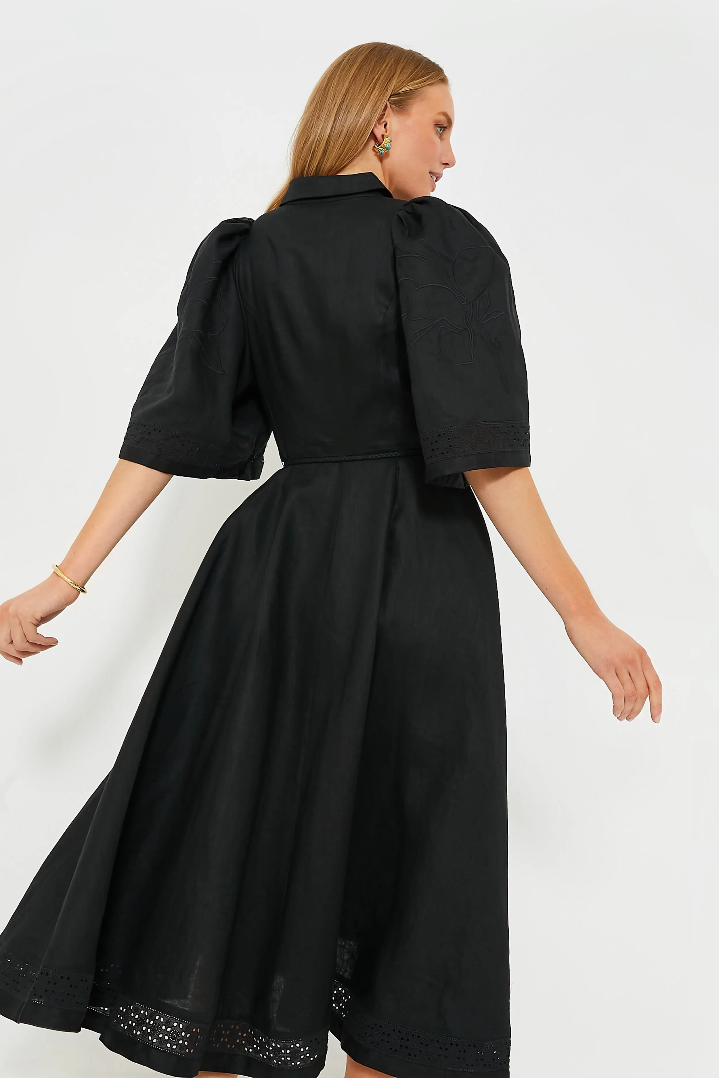 Black Fleur Linen Embroidered Midi Shirt Dress sold by Tuckernuck product image thumbnail 4