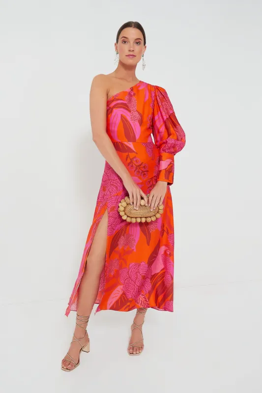 Dewdrop Floral Red One Shoulder Midi Dress sold by Tuckernuck
