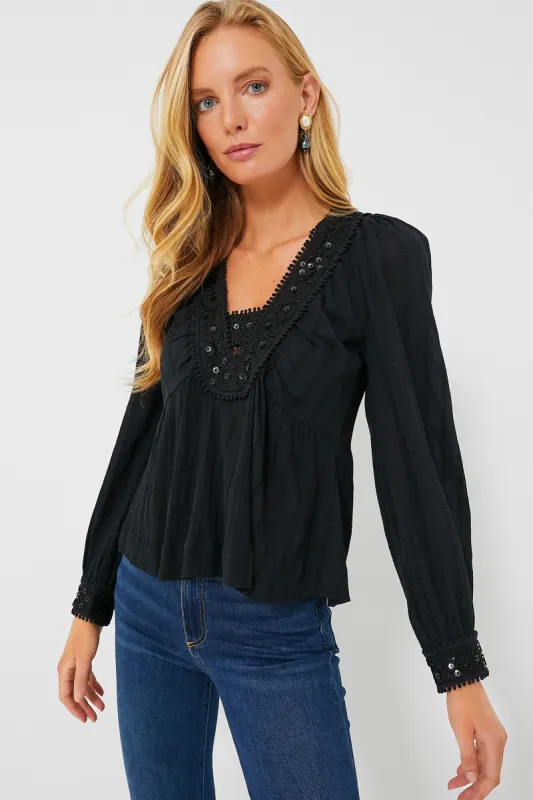 Black Charlotte Embroidery Long Sleeve Top sold by Tuckernuck