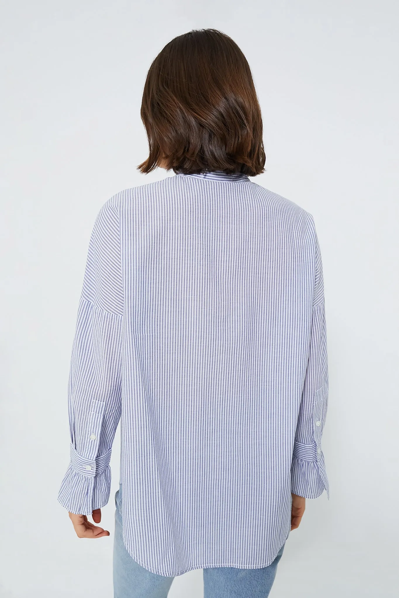 Navy and White Voile Stripe Easy Ruffle Shirt sold by Tuckernuck product image thumbnail 5