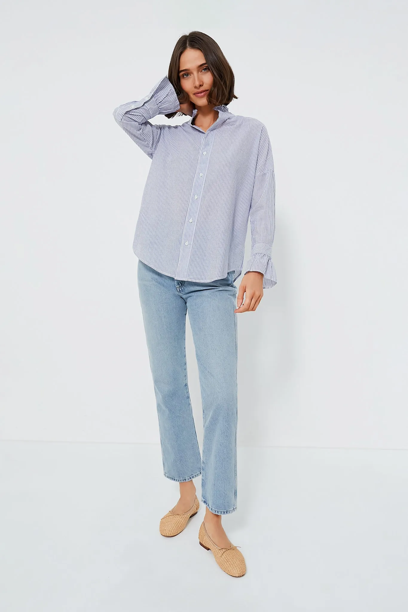 Navy and White Voile Stripe Easy Ruffle Shirt sold by Tuckernuck product image thumbnail 3