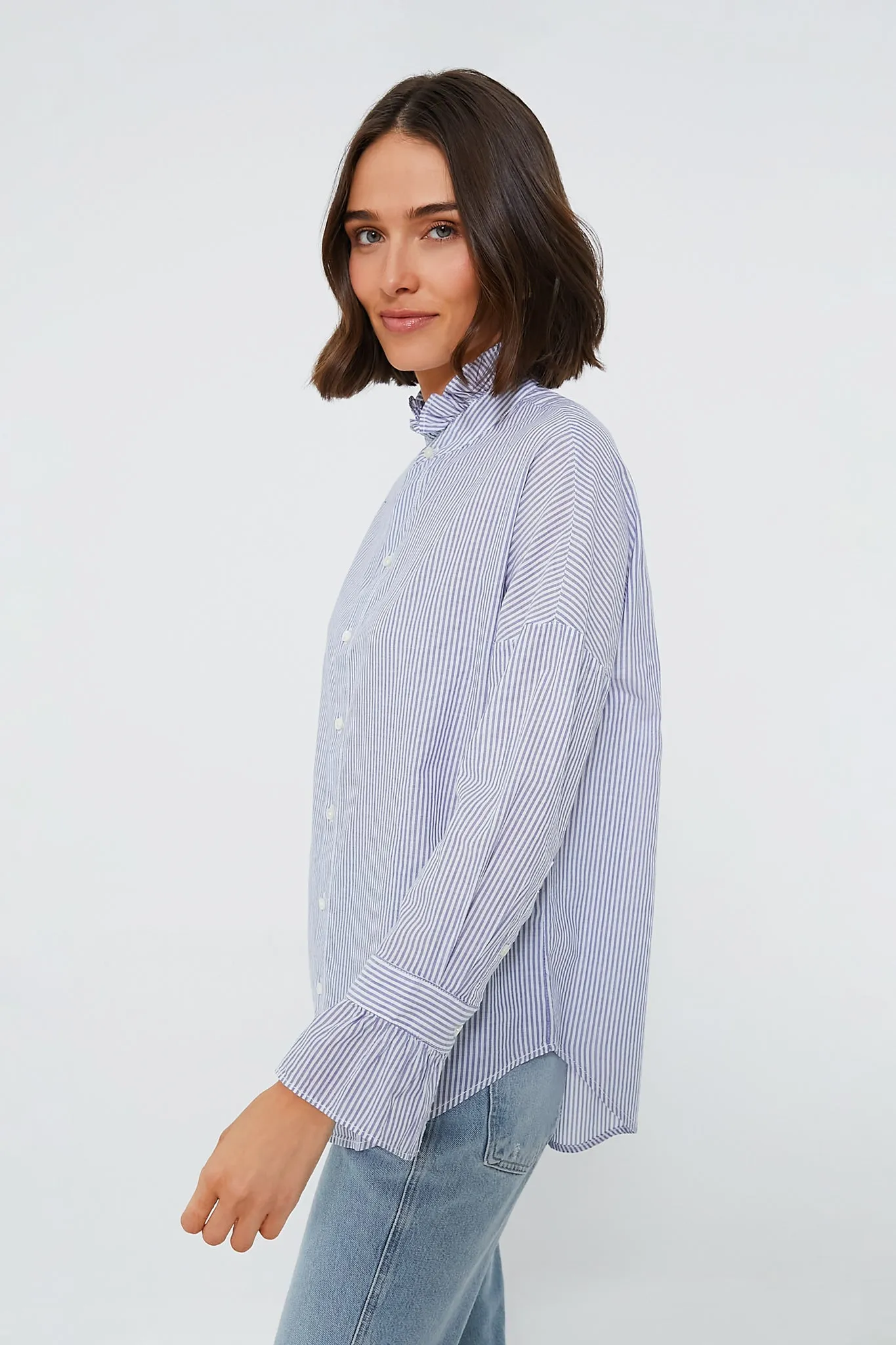 Navy and White Voile Stripe Easy Ruffle Shirt sold by Tuckernuck product image thumbnail 4