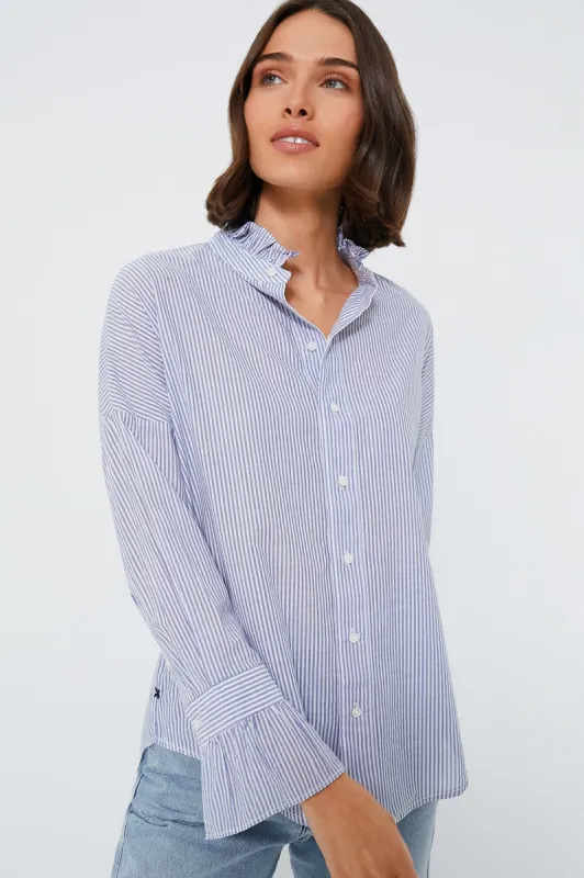 Navy and White Voile Stripe Easy Ruffle Shirt sold by Tuckernuck