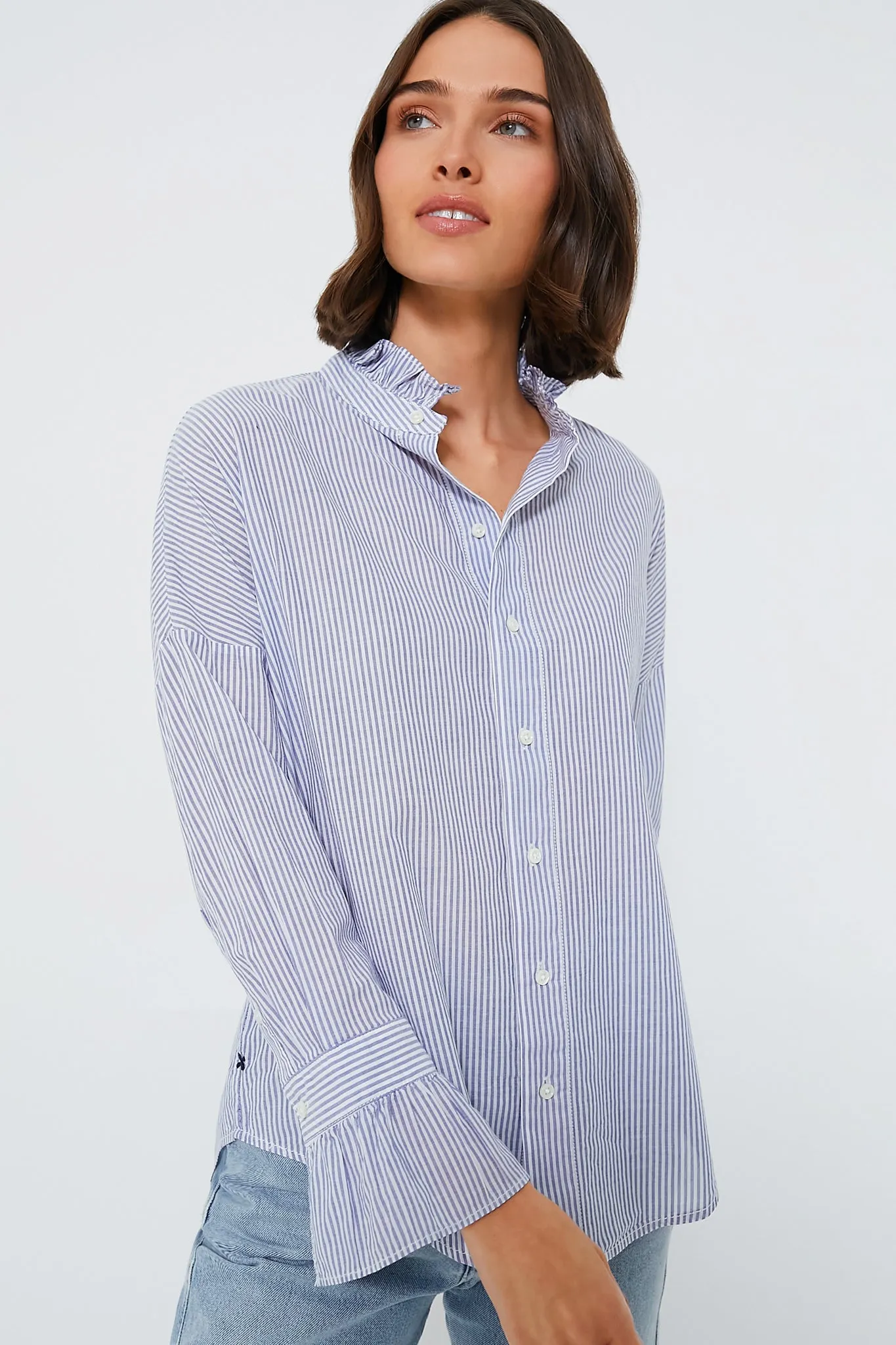 Navy and White Voile Stripe Easy Ruffle Shirt sold by Tuckernuck