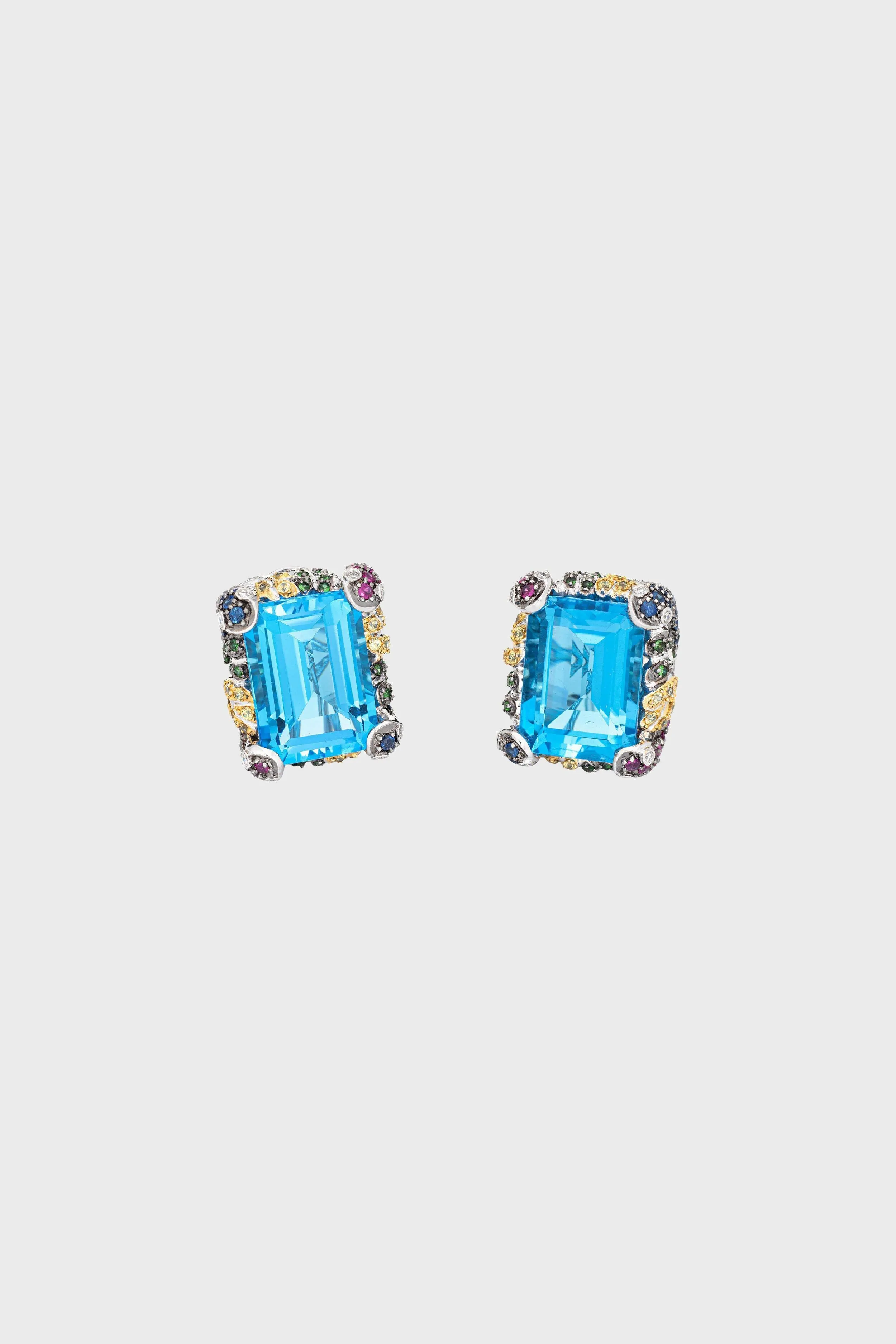 Blue Topaz Gemstone Earrings Estate 18k White Gold Large Square Cocktail Jewellery sold by Tuckernuck