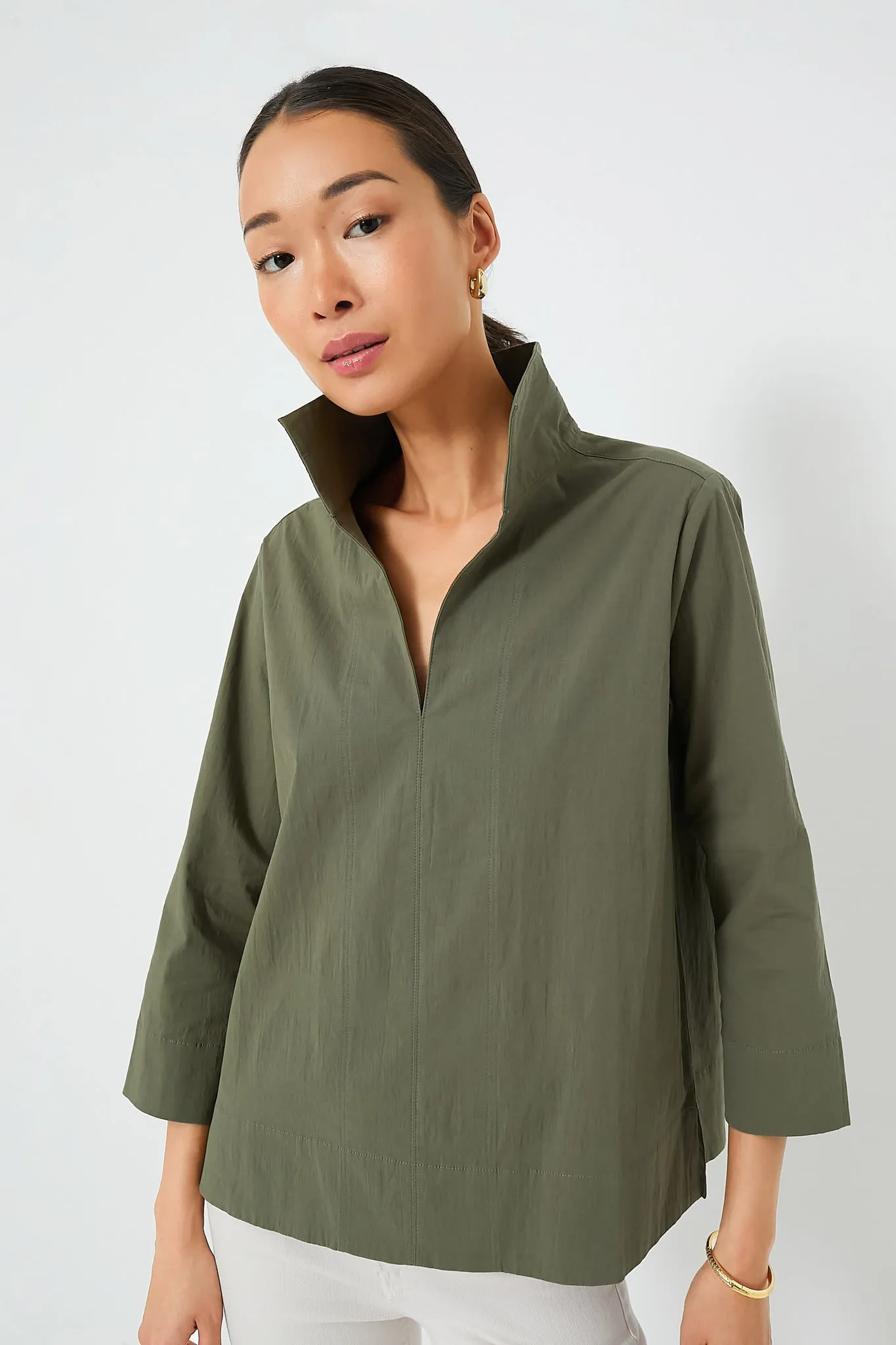 Olive Green Margot Stand Collar Blouse sold by Tuckernuck