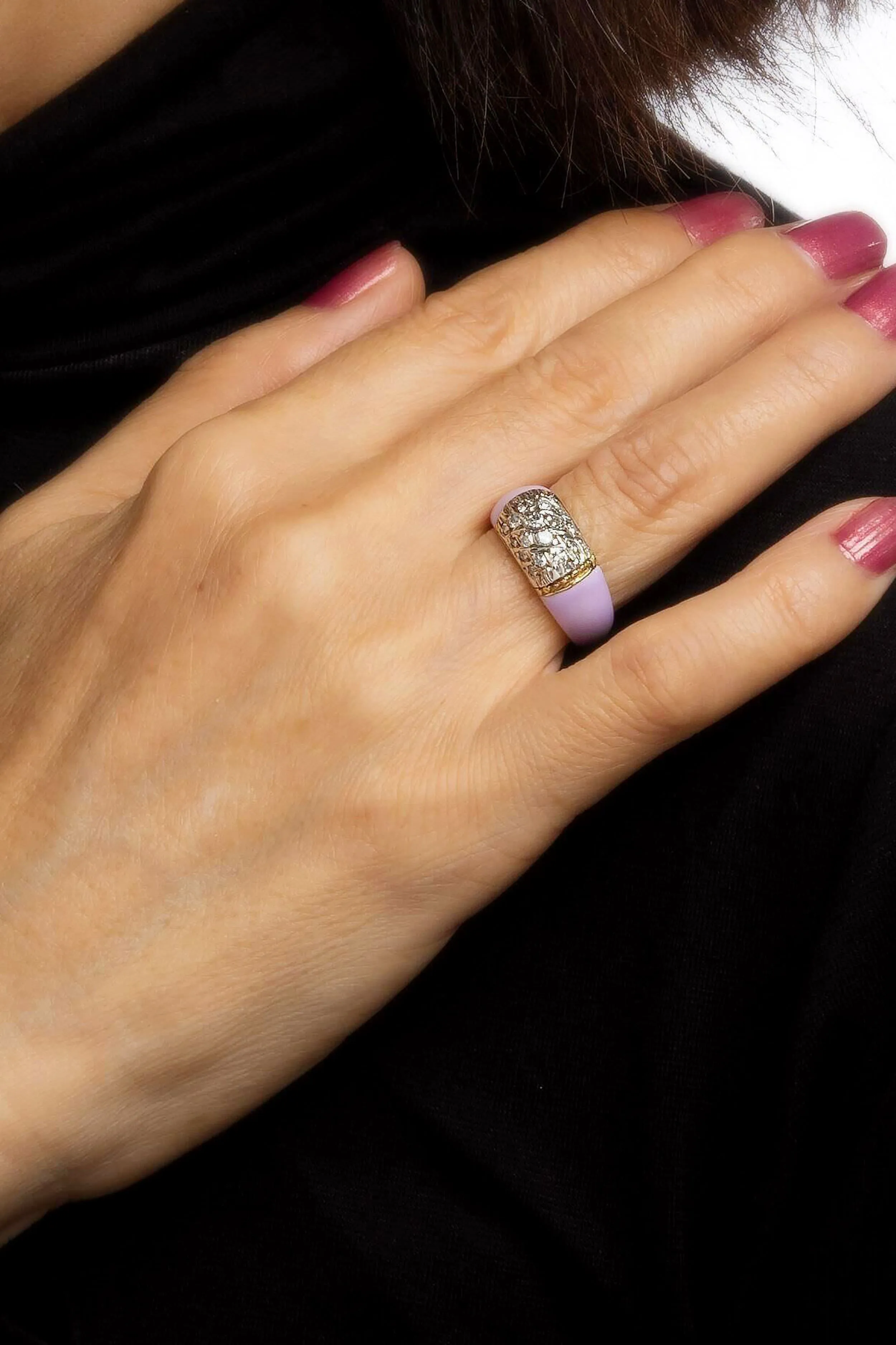 Lilac Enamel Diamond Ring Vintage 18k Yellow Gold Band Sz 5.5 Estate Jewellery sold by Tuckernuck product image thumbnail 2
