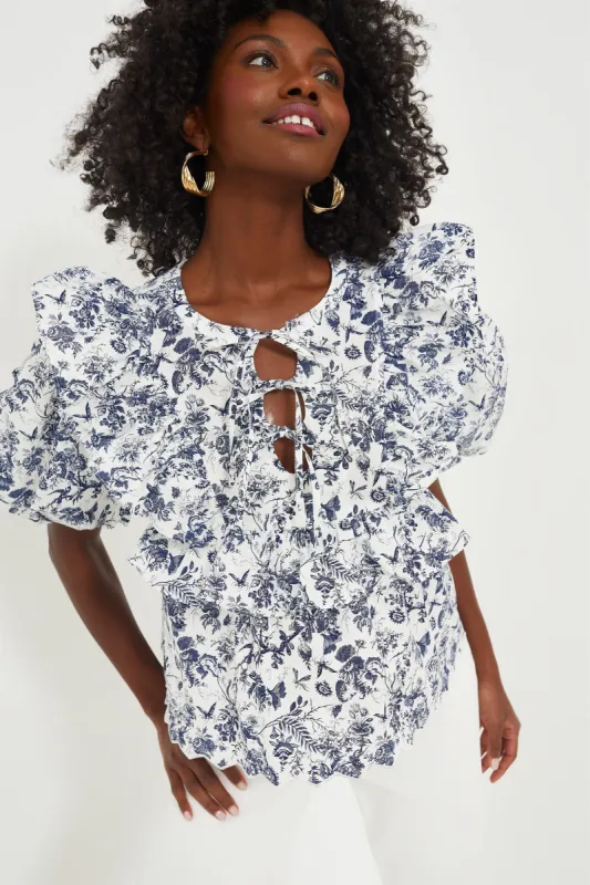 Navy Floral Ruffle Nadia Blouse sold by Tuckernuck