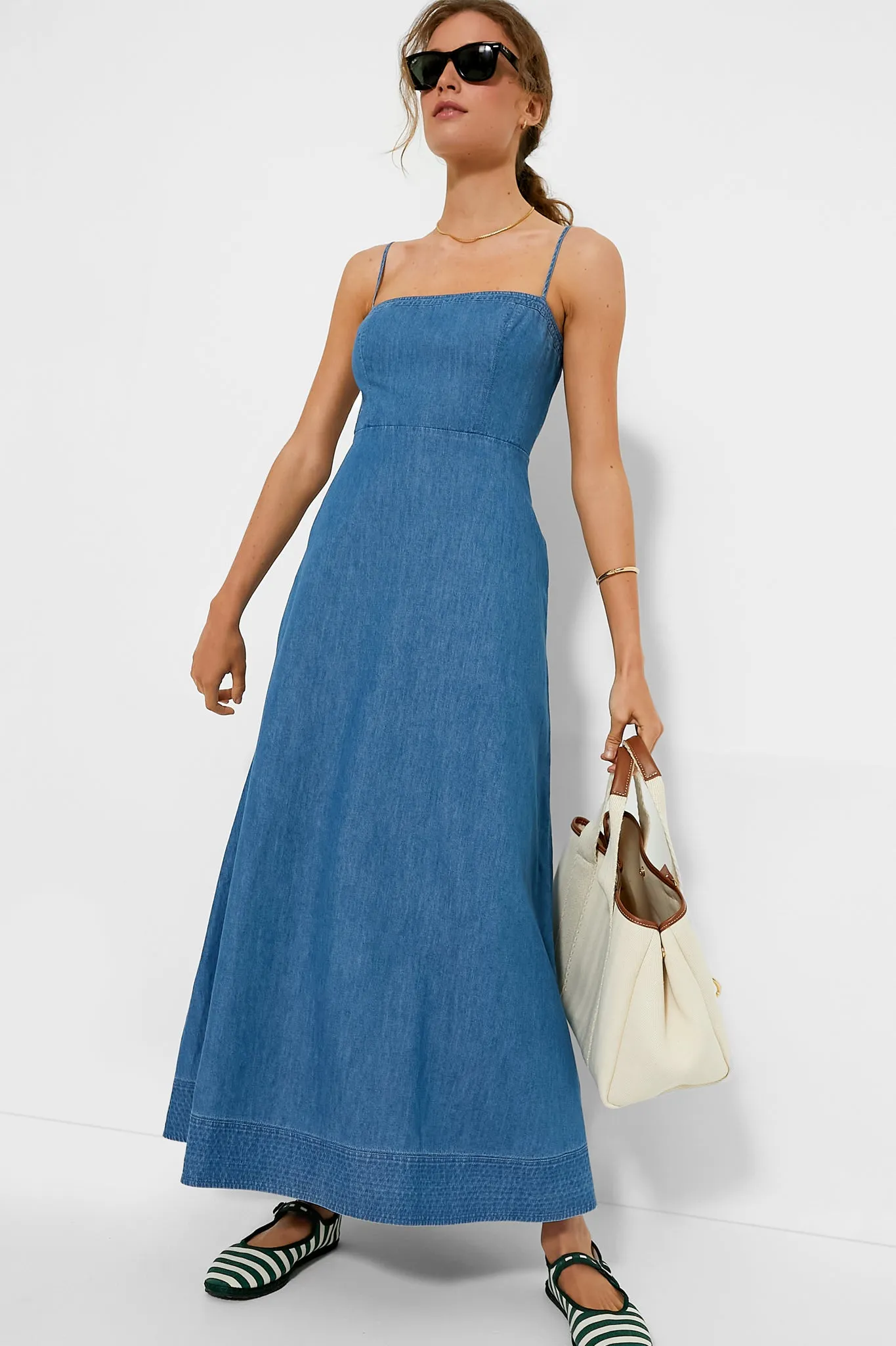 knee length dresses for ladies Chasing Sunsets Chambray Halter Maxi Dress - restock! main image 1