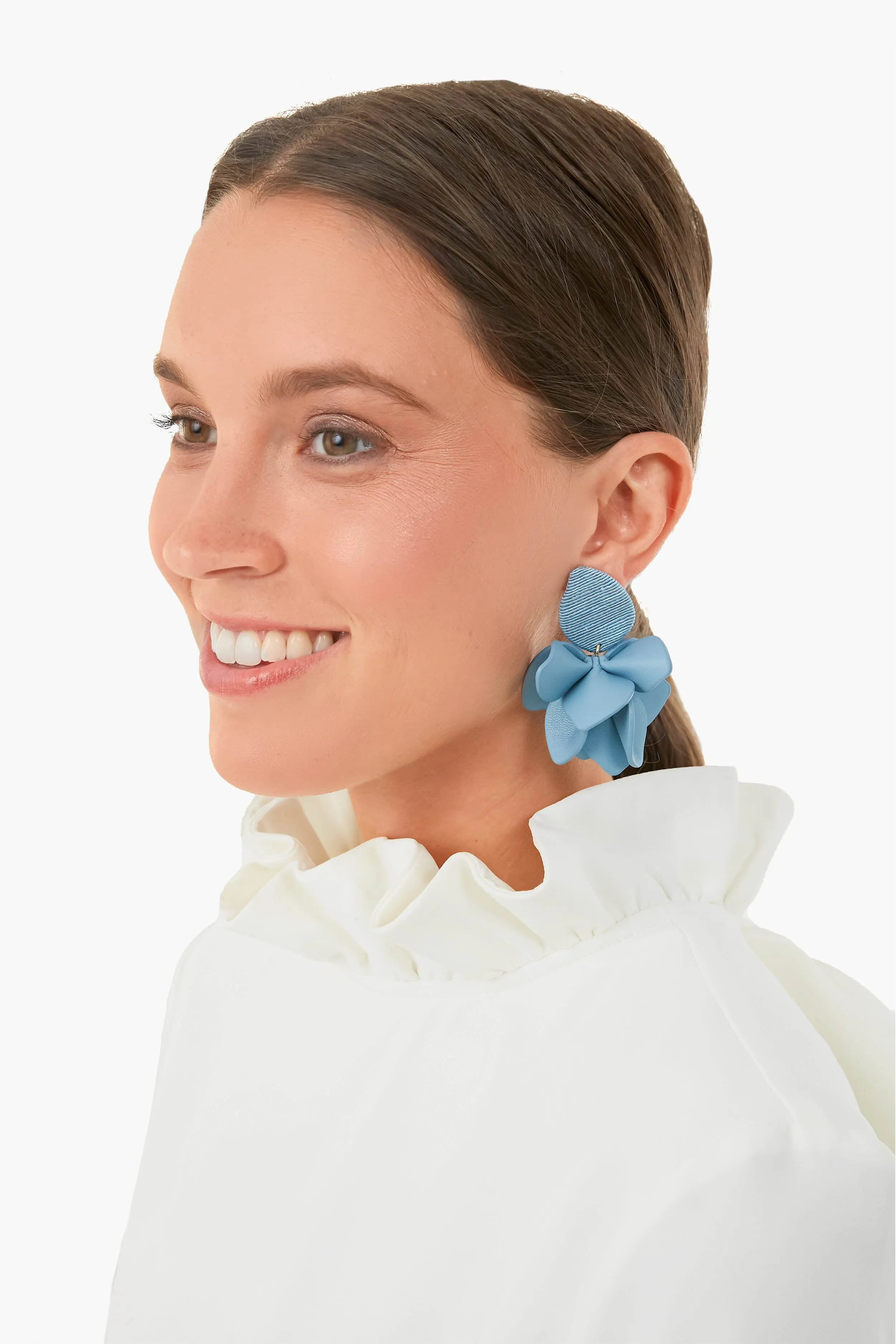 Dusty Blue Silk and Leather Orchid Earrings sold by Tuckernuck product image thumbnail 2